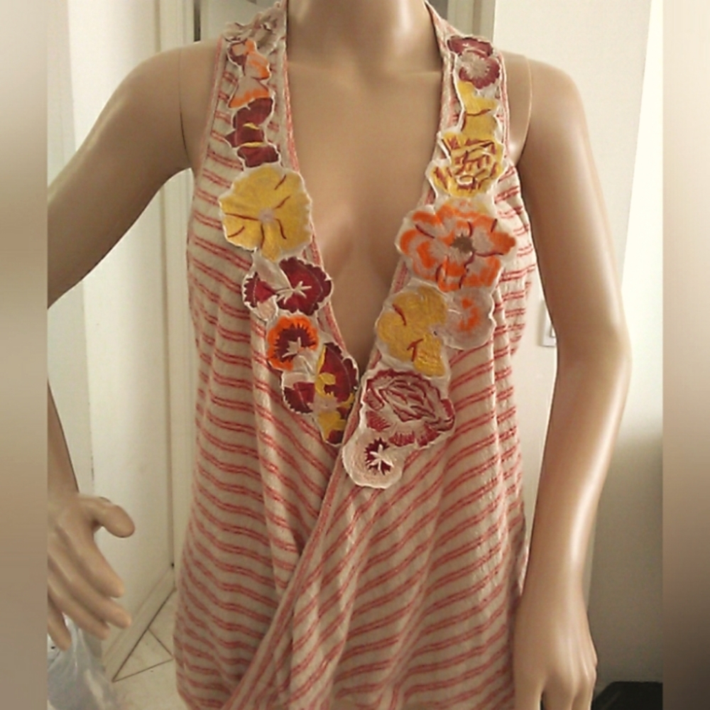 BNWT Striped Sleeveless Top W/ Floral Embroidery SZ. SM OVERSIZED CROSS FRONT